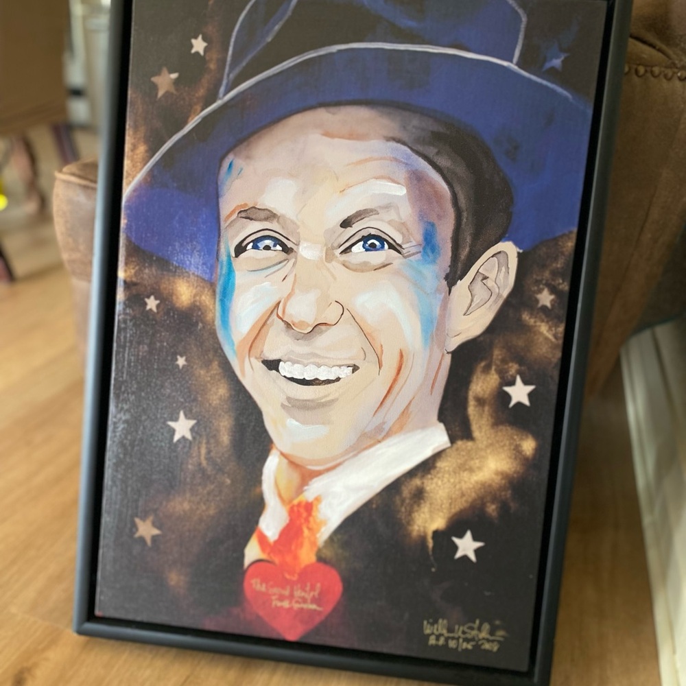 Blue and Black Portrait Painting with Whimsical Stars